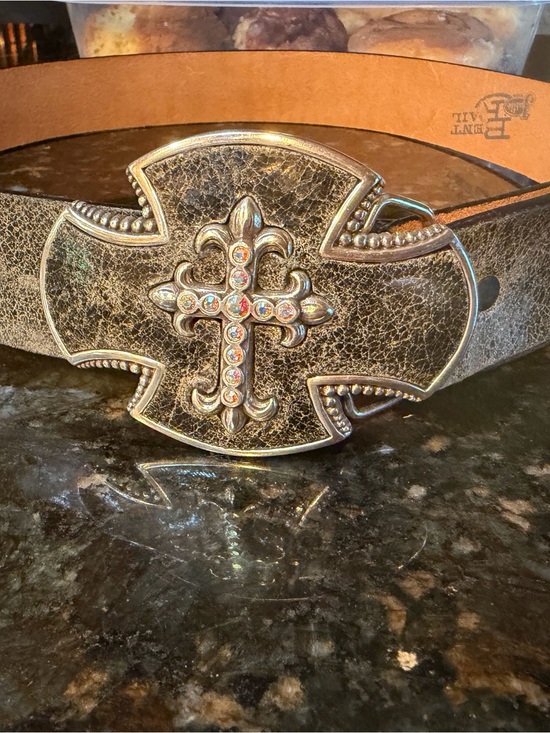 Justin Boots Other - Justin Boots Distressed Brown Belt with Ornate Rhinestone Cross Buckle